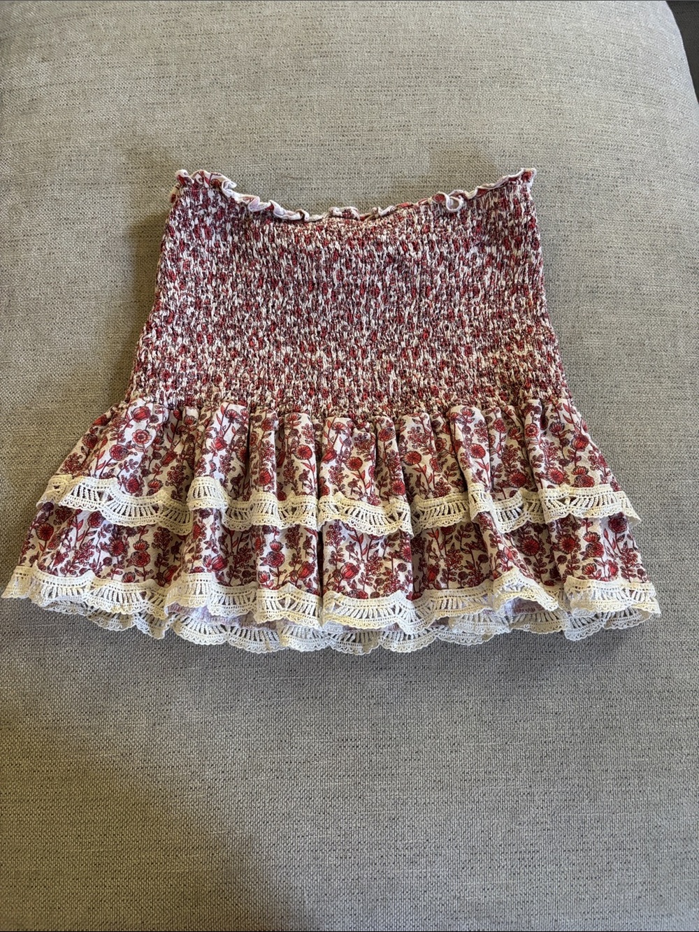 moodie Floral Smocked Ruffle Mini Skirt - Red & Cream